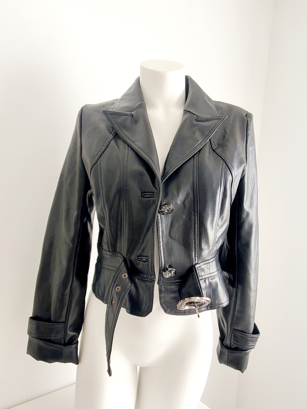 Vintage 2-in-1 Vegan Leather Trench Coat Cropped Jacket Convertible M